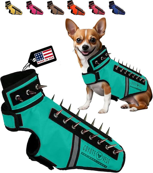 CoyoteVest SpikeVest Dog Harness, Made in the USA, XS-Turquoise | Stab-Resistant Protective Vest | Coyote Vest for Dogs | Defends Against Coyotes, Dogs, Birds of Prey | Reflective Safety