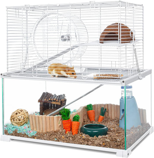 OIIBO 3 Tiers Large Hamster Cages Glass, Heightened Wire Topper with Two Shelf and Two Ladders Ramps, Openable Top, Easy to Clean Removeable Waterproof PVC Tray Medium