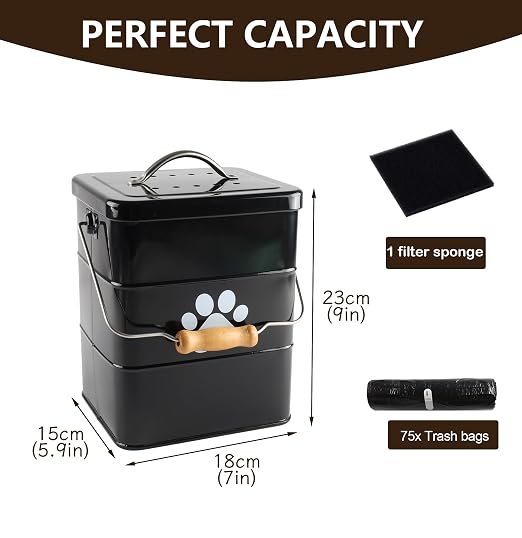 Metal Dog Poop Trash Can Outside,1.5Gal/6L Dog Waste Trash Can with Lid/Filter/Handle,Pet Waste Container Bucket with 75 Trash Bags-Black