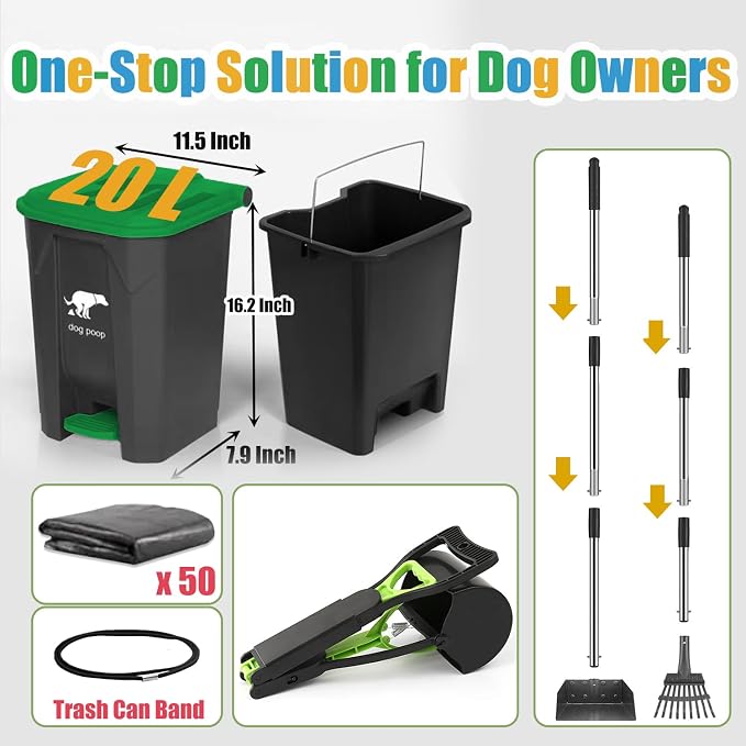 6Pack - Large Dog Pooper Scooper for yard - 20L Dog Poop Trash Can Outside | Step Pet Waste Container Outdoor with Removable Inner Bin - 28" Pooper Scooper & Long Handle