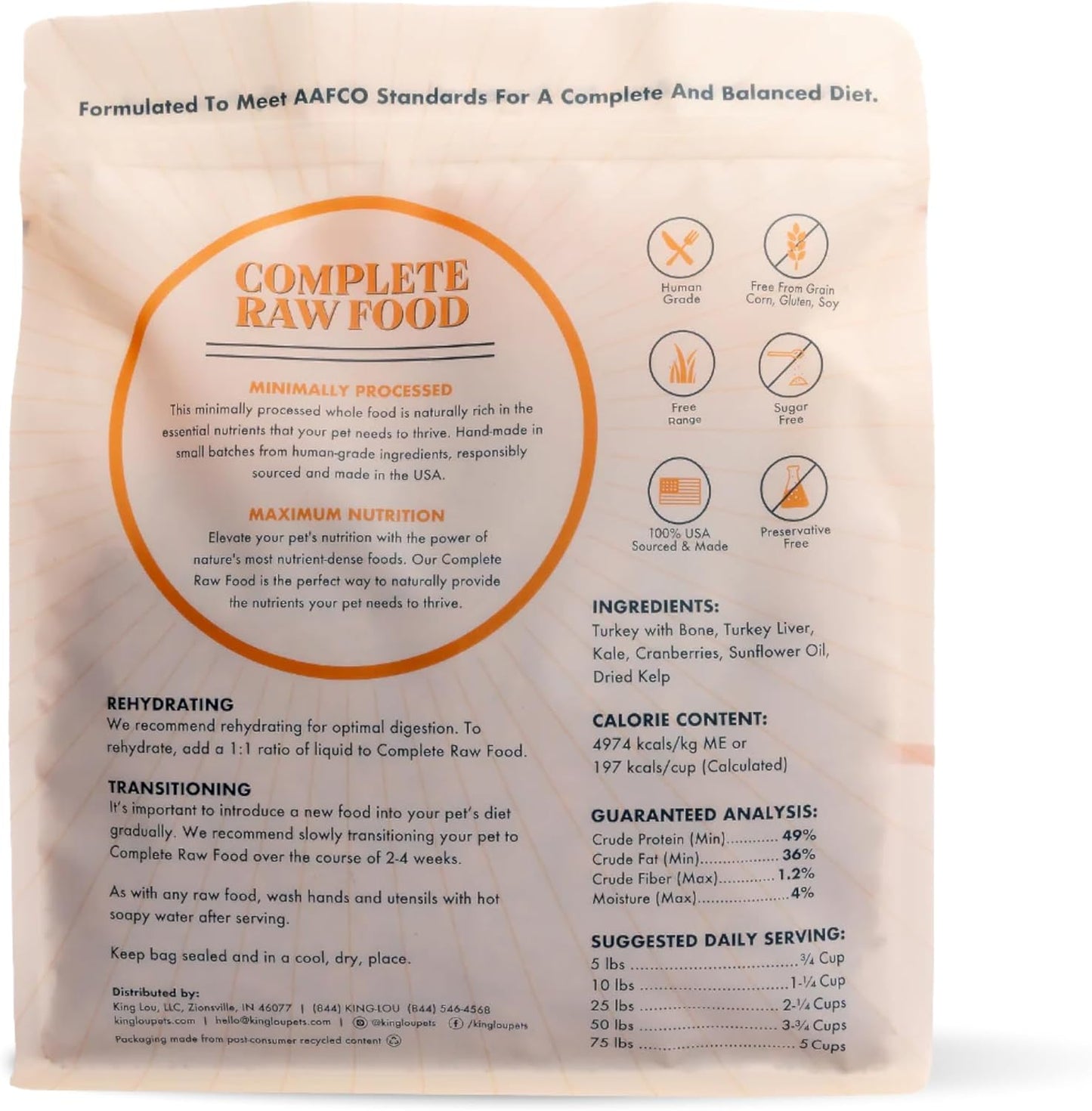 King Lou Pets - Human Grade Raw Food for Dogs and Cats - Complete Meal for Pets - Freeze Dried Turkey Recipe - 14oz