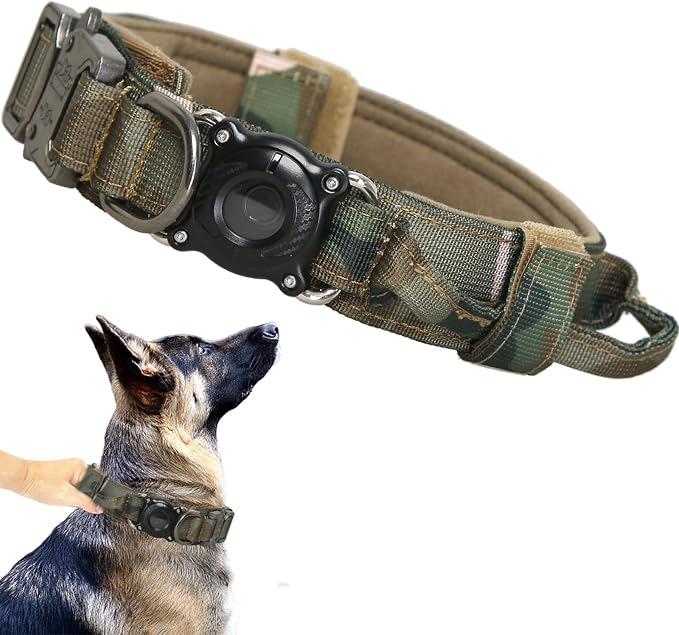 AirTag Dog Collar for Large Dogs Tactical Dog Collar with AirTag Holder | Upgrade Waterproof,Control Handle ,Quick-Release Metal Buckle，1000D Nylon Fabric,Soft-Padded Webbing，Velcro Patch(CAMO,L)