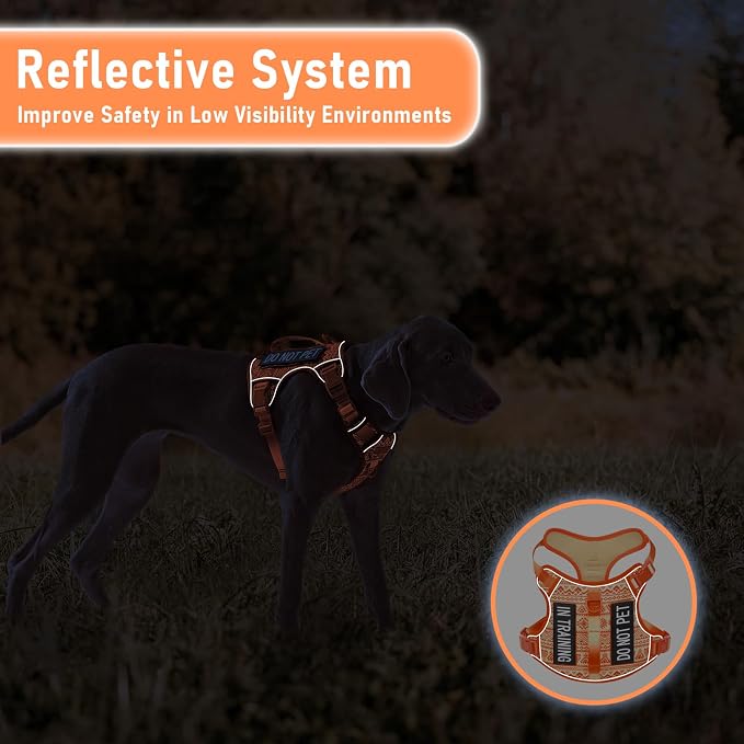 Orange Tactical Dog Harness with Ethnic Pattern for Big Dog, Like English Bulldog Doberman Husky Rottweiler Labrador, Easy to Put on and Take Off, No Pull Easy Walk Escapeproof No Choke, Large
