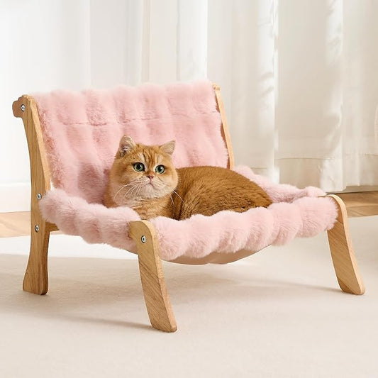 Solid Wood Cat Couch Bed for Indoor Cats, Modern Cat Sofa with Ultra-Soft Plush Surface Washable, Reclined Backrest, Elevated Elevated Cat Lounge Furniture for Small to Adult Pets, Sakura Pink