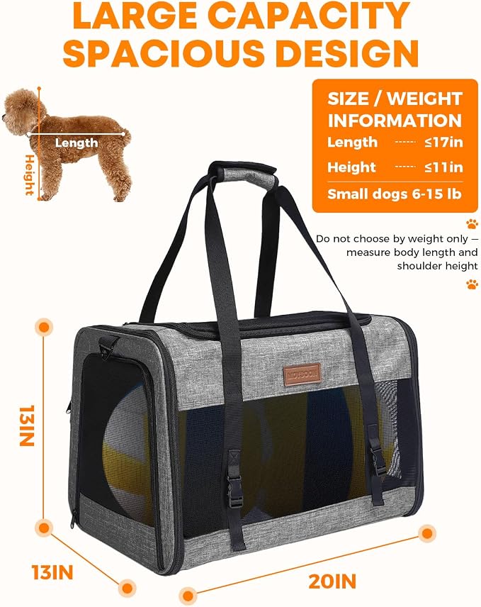 Foldable Cat Dog Carrier for Pets up to 15 Lb, Grey | Top & Side Entry, Soft-Sided Pet Carrier with Ventilated Anti-Scratch Mesh & Car Seat Buckle for Car Travel, 20×13×13 in