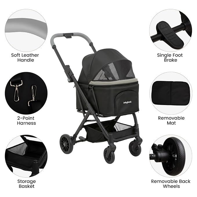Babyboat Portable Dog Stroller for Small Dogs Cats Up to 35 Lbs - Black | One Hand Folding Compact Travel Pet Stroller with Convertible Canopy, Storage Basket, Cup Holder