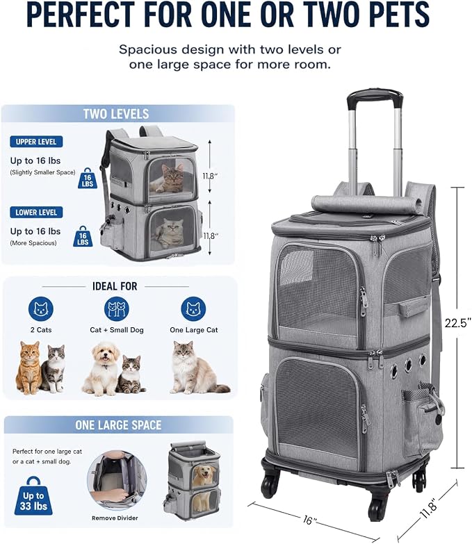 HOVONO Double-Compartment Cat Carrier Backpack with Wheels for 2 Pets, XL | 2-in-1 Cat Rolling Carrier for Small Cats & Dogs up to 32 lbs, Perfect for Traveling / Walking / Vet, Grey