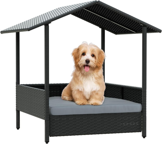 LEMBERI Outdoor Rattan Dog House with Canopy, Indoor Dog Bed for Small/Medium Dogs with Removable Cushion, Washable Cover, Dog Shelter for Patio, Deck, Yard, Pool, Black