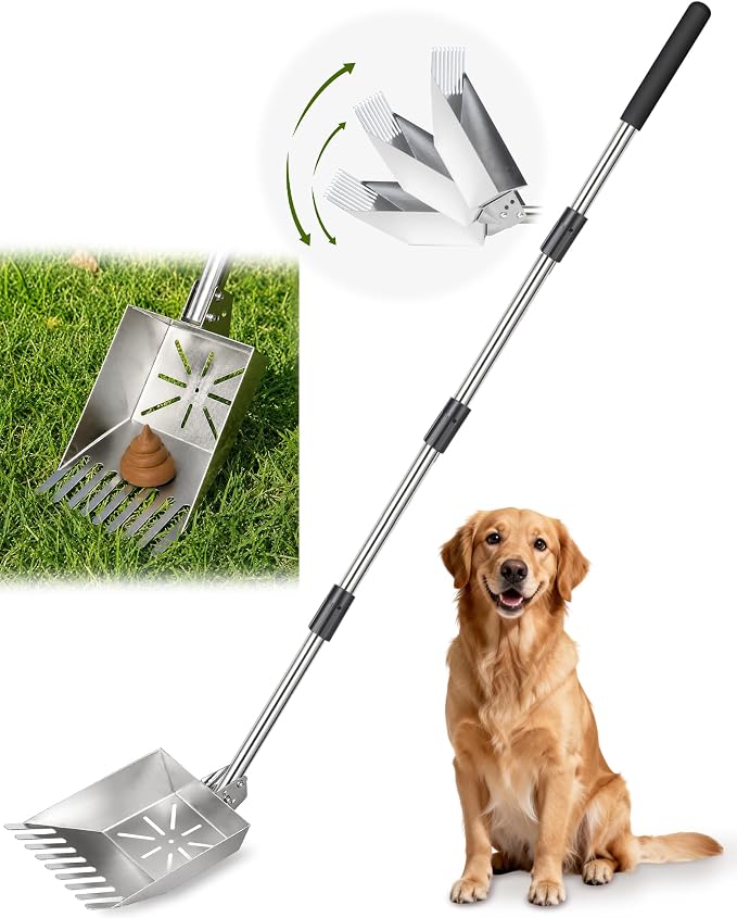 71" Stainless Steel Pooper Scooper, 3-Adjustable Angle Dog Shovel & Rake | Heavy Duty Metal Poop Scoop for Large Dogs with Adjustable Long Handle Outdoor Yard Grass Pet Waste Removal Shovel