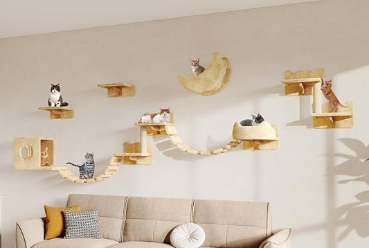 13-in-1 Cat Wall Shelves, Moon & Bridge Cat Wall Furniture, Beige | Wall Mounted Cats Shelf Set with Plush Fabric, Cat Climbing Systems for 16 Inch Drywall, Condo, Scratching Post, Space-Saving