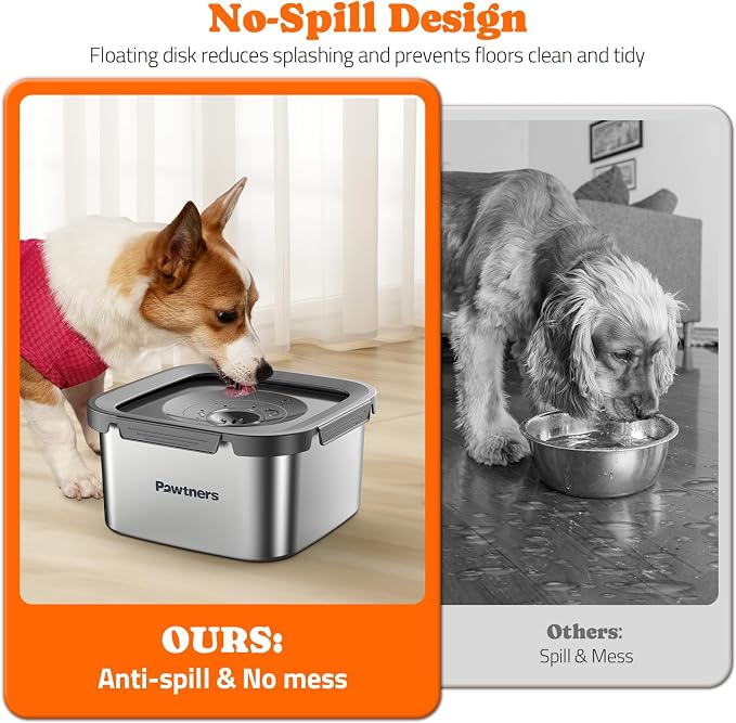 Pawtners Dog Water Bowl No Spill, 152oz/4.5L Stainless Steel Dog Floating Bowl, Slow Water Bowl for Dog with Filter, Non-Slip Base, No Splash Water Bowl for Medium Large Messy Drinkers Grey