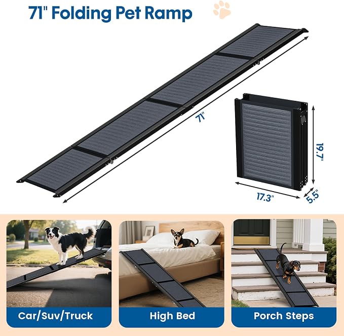 HBTower 71" L x 17.3" W Folding Dog Car Ramp for Large Dogs Up to 250 LBS | Extra Wide Dog Car Ramps, Portable Pet Ramp with Non-Slip Surface, Collapsible Design for SUV, Truck & High Beds