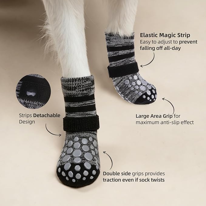 PUPTECK Anti-Slip Dog Socks with Double Sides for Small Medium Large Dogs Hardwood Floors Prevents Licking, Dog Shoes for Hot Pavement Traction Control Paw Protector for Senior Dogs, Striped Black M