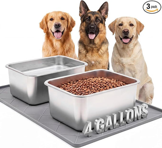 4 Gallon Extra Large Dog Water Bowl, 2 Pack Thickened Stainless Steel Dog Water and Food Bowls with Non Slip Mat, Spill Proof Metal Pet Bowl Set for X-Large Multiple Dogs Indoor Outdoor Use