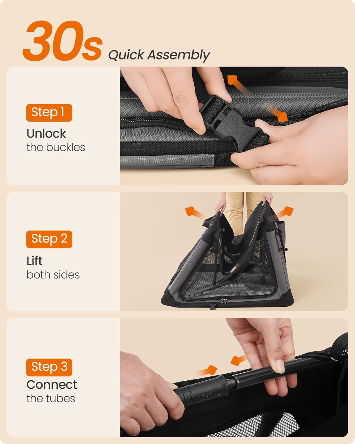 Feandrea Collapsible Dog Crate, 24-Inch Portable Dog Travel Crate for Small Dogs, Oxford Fabric Pet Carrier with 4 Mesh Doors, Handles, Storage Pocket, Water Bottle Holder, Ink Black UPDC016B01