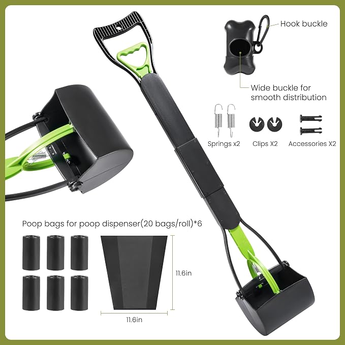 32in Dog Pooper Scooper with Bag Attachment, Foldable Long Handle | Thickened ABS dog scooper for large dogs. Features curved grip, jagged teeth, 120 bags, clip & extra 2x springs/buckles