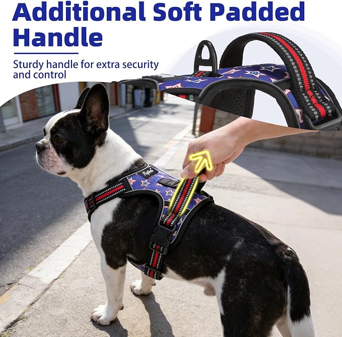 PUPTECK No Pull Tactical Dog Harness Medium Sized, Adjustable Reflective Dog Harness with Handle Easy Control, Comfortable Soft Padded Pet Vest Harness for Medium Dogs, Blue Stars M