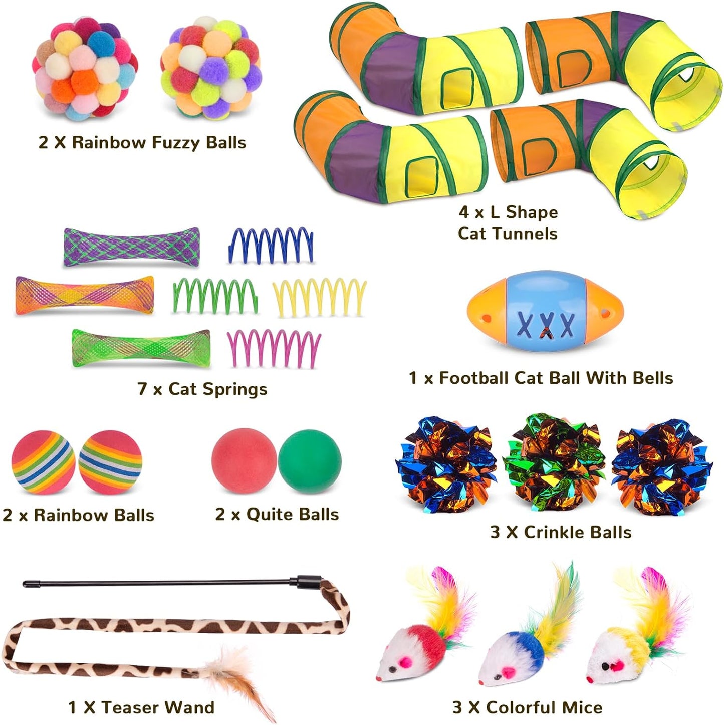 Retro Shaw Cat Tunnels with Cat Toys Pack, Interactive Kitten Toys for Indoor Cats Kitty, Kitten Tube Tent Feather Wand Teaser Bell Fuzzy Ball Springs Mouse (25 Pcs Extra Large Cat Tunnel Toys Set)