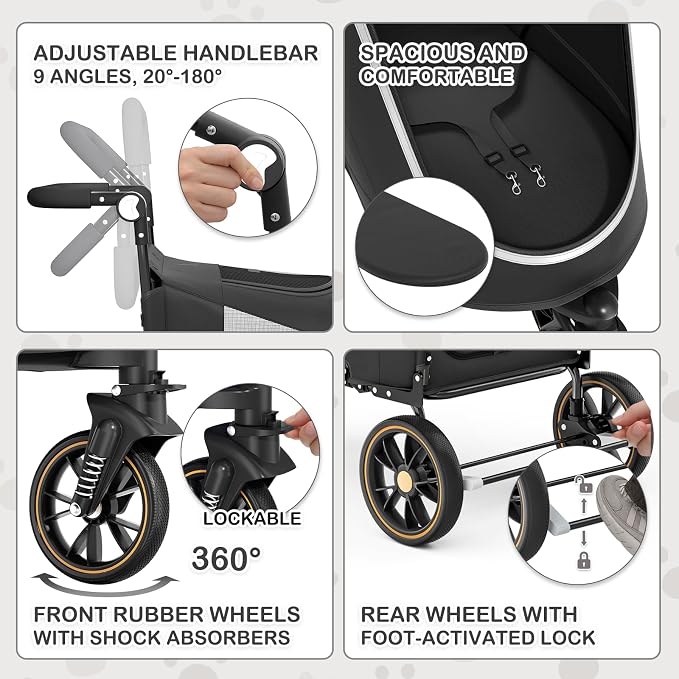 MoNiBloom Pet Stroller for Large Dogs or Dogs Cats up to 55 lbs, Black | with Adjustable Handle, 3-Wheels Dual Entry Portable Dog Carting Easy Folding Pet Wagon Double Multiple Dog Stroller