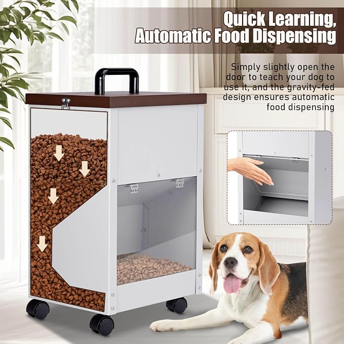 28Lbs Automatic Dog Feeder Large Breed, Easy to Move with Wheels | Outdoor Gravity Dog Feeder, Galvanized Metal Self Feeding Dog Food Dispenser with Clear Door, Pet Feeding Station