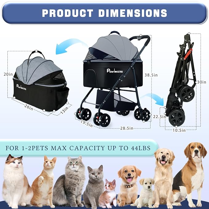 4 Wheels Pet Stroller 4 in 1 Pet Stroller with Detachable Carrier for Small & Medium Dogs Cats up to 55 lbs Easy-Folding Travel Dog Wagon with Car Seat Breathable Mesh,White Cartoon