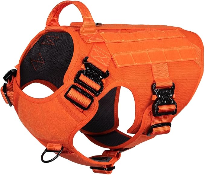 ICEFANG Tactical Dog Harness for Large Dogs,Full Metal Buckles Dog Vest | with MOLLE, Reflective,Adjustable,2 Leash Clips,Control Handle,No Pull,Soft Padded,Orange,Large