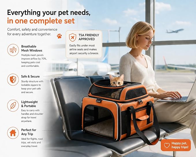 Cat Carrier Dog Carrier Airline Approved, Pet Carrier for 2 Cats Small Medium Dogs, Soft Cat Carrier 18x15x15 with Foldable Bowl & Washable Pad, TSA Approved Dog Carriers by Luniko Shop (Orange)