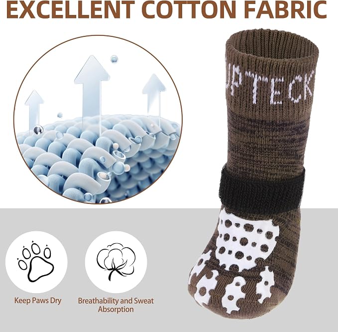 PUPTECK Anti-Slip Dog Socks with Double Sides Grips for Small Medium Large Dogs Hardwood Floors Prevents Licking, Dog Shoes for Hot Pavement Traction Control for Senior Dogs, Coffee Brown M