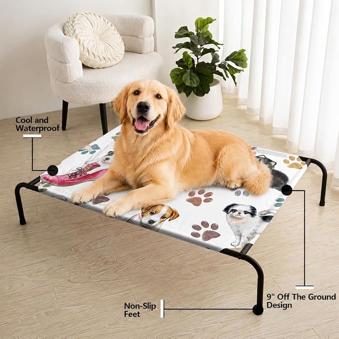 Cartoon Dog Paw Pattern Orthopedic Elevated Dog Pet Bed(47"X31"X9"),with Metal Frame,Printing Breathable Waterproof Dog Kennel,Sleeping Bed for Small Medium Large Dogs Cats,for Home,Outdoor Use