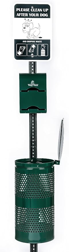 Imperial Pet Waste Station - 8ft Green Steel Dog Waste Station - Includes a Locking Dispenser, 800 Lemon-Scented Single-Pull Poop Bags, a 10gal Trash Receptacle w/Lid, and a 12"x18" Sign