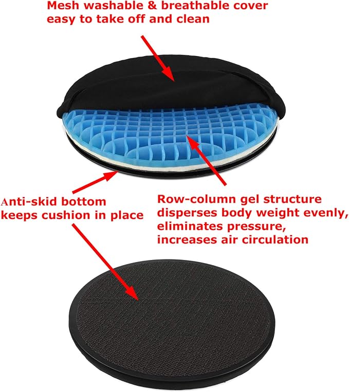 Tektrum Orthopedic Elastic Firm Swivel Gel Seat Cushion Rotatory Chair Pad | 360 Degree Rotation for Home, Office, Chair, Car - Relief for Sweaty Bottom, Hip Pain – Portable, Comfortable (19036)