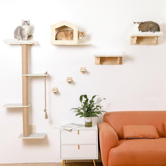 Cat Wall Shelves, Wood Wall Mounted Cat Furniture with 4 Tier Cat Tree,1 Cat Wall House,2 Cat Perches and 3 Wall Steps,Climbing Cat Shelves for Wall Large Cats Set