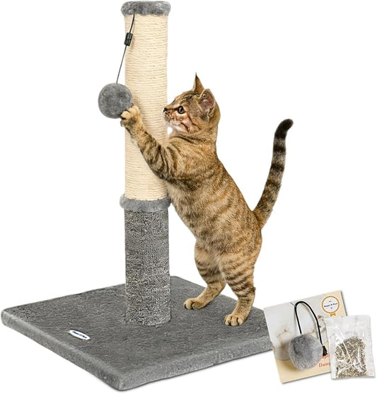 Happi N Pets Cat Scratching Post, Cat Scratcher for Indoor Cats, Sisal Scratching Post & Carpet Post in One, Stable Kitten Scratching Post with Replaceable Toy, Extra Free Toy, Light Gray