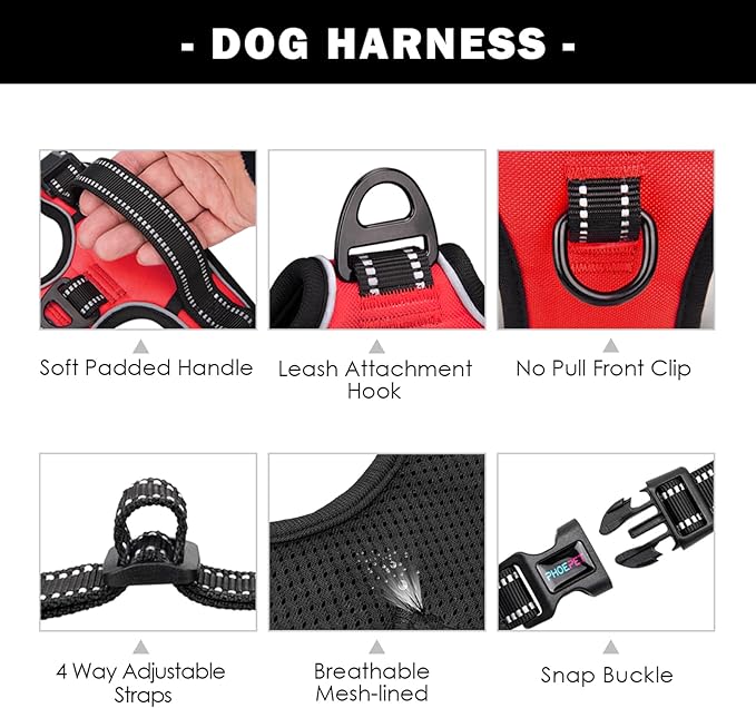 Reflective Dog Harness Large Breed Adjustable No Pull Vest | with Handle 2 Metal Rings 3 Buckles [Easy to Put on & Take off](XL, Red)