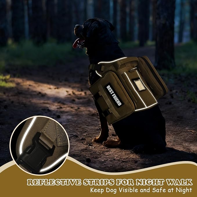 Dog Backpack Harness and Leash Set for Large Dogs Brown L | Removable Side Pockets Dog Vest with Padded Handle&MOLLE,No Pull Front&Back Metal Clips for Hiking Training Walking Hunting