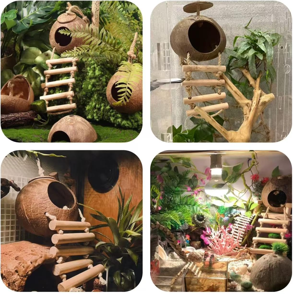 10PCS Crested Gecko Tank Accessories, Reptile Plants Bridge Vines, Coconut Shell with Ladder for Lizard, Chameleon Cage, Snakes, Hermit Crab, Leopard Gecko Tank Accessories, Terrarium Decor