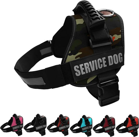 Service Dog Vest Harness – Reflective Service Animal Vest, No-Pull Harness with Handle & Mesh Padding – Sizes XXS-XL for Puppies – 2 Removable Service Patches Included(Medium,Green Camo)
