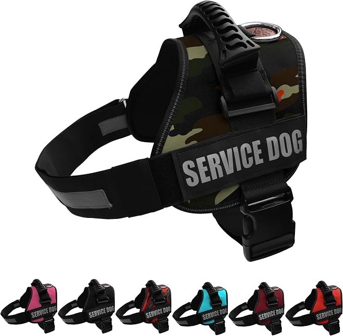 Service Dog Vest Harness – Reflective Service Animal Vest, No-Pull Harness with Handle & Mesh Padding – Sizes XXS-XL for Puppies – 2 Removable Service Patches Included (Large, Green Camo)