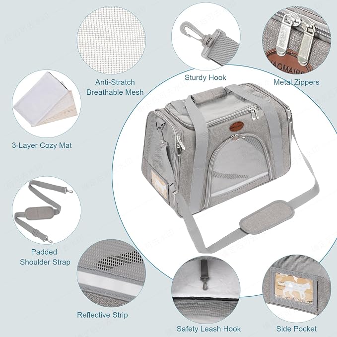 Cat Carrier Dog Carrier Pet Carriers for Medium Small Cats Dogs Puppies up to 15 Lbs,TSA Airline Approved Small Dog Cat Carriers Soft Sided,Collapsible Travel Puppy Carrier (Grey, Medium)