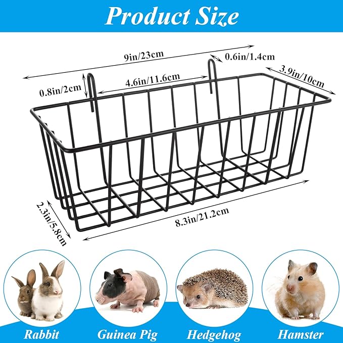 6PCS Rabbit Hay Feeder Bunny Hay Feeder Heavy Duty Metal Rack with Hooks, 9x4x3 Inch Rabbit Hay Holder Cage Hanging Hay Holder for Rabbits Bunny Guinea Pig (Black)