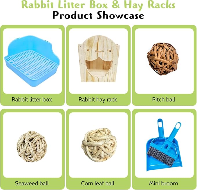 PINVNBY Rabbit Litter Box for Cage Wooden Guinea Pig Hay Rack Feeder Potty Trainer Corner Bunny Litter Box Pet Toilet with Cleaning Set for Guinea Pigs Ferret Rabbits Chinchilla