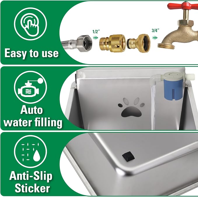 6 Gallons Automatic Animal Water Dispenser X-Large Stainless Steel | Outdoor Waterer Bowl, For Dogs & Chicken, Auto Fill Livestock Water Trough, With 2m Hose, 13.6"x17"x9"