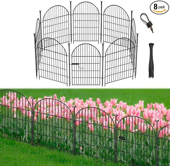 Okaygardn Garden Fence Border, 32 in(H) x17.5 Ft(L) 8 Panels, Tall Garden Animal Barrier Fence with Gate, Dog Fence Outdoor for Yard, Arched Rustproof Metal No Dig Fence, Flower Bed Fencing