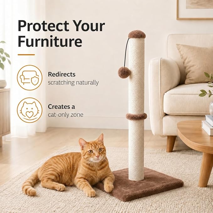 Dimaka 34" Height Tall Cat Scratching Post, Claw Scratcher with Sisal Rope and Covered with Soft Smooth Plush, Vertical Scratch [Full Strectch] for All Cats (Dark Brown, 34 inches for Large Cats)
