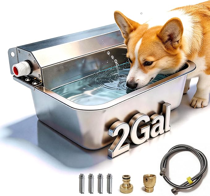 Automatic Dog Water Dispenser 2 Gallons, 304 Stainless Steel Dog Water Bowl for Indoor/Outdoor, Large Water Bowl for Pets & Livestock, Anti Tip, Wide Mouth, Water Auto Fill, Fit GHT 3/4" Faucet