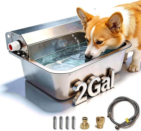 Automatic Dog Water Dispenser 2 Gallons, 304 Stainless Steel Dog Water Bowl for Indoor/Outdoor, Large Water Bowl for Pets & Livestock, Anti Tip, Wide Mouth, Water Auto Fill, Fit GHT 3/4" Faucet