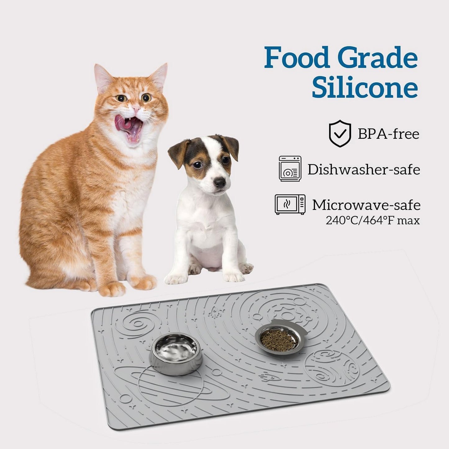 OHMO Dog Food Mat, Silicone Waterproof Cat Food Mat, Non-Skid Spill Proof Pet Feeding Mat for Food and Water, Easy to Clean Dog Placemat(Ash, 23.6" x 15.8")