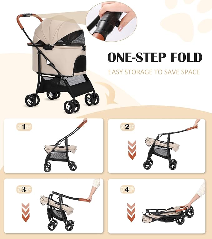 Pet Stroller for Small Dogs Cats Up to 45 lbs with Detachable Canopy, Portable Foldable Dog Stroller with Sunshade and Car Seat Travel, Suitable for All Seasons(Khaki 101K)