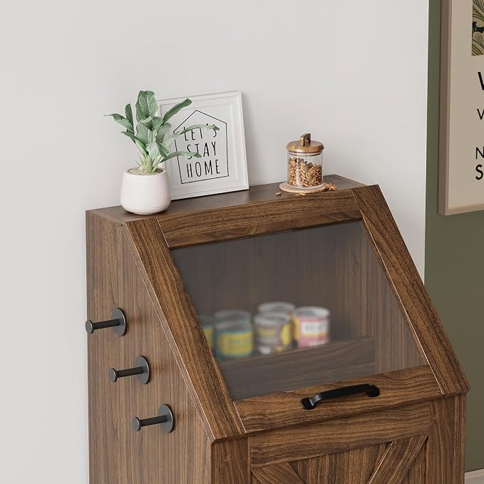 Walnut Dog Feeding Station with Storage & Bowls | Pet food cabinet, 2 elevated bowls, 3 hooks, glass flip cover, anti-tipping device, for dogs.