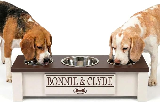 3 Bowl Dog Feeding Station, Personalized Triple Bowl Food Stand Small Dogs | Farmhouse Style, Elevated Wood Stand, Storage Container, Stainless Steel Bowls, Raised Feeder, Small Breed, Made in USA